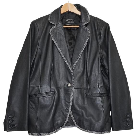 Tony Lama Genuine Leather Blazer Jacket Women’s L  Western Snake Trim Black Coat - Picture 1 of 5